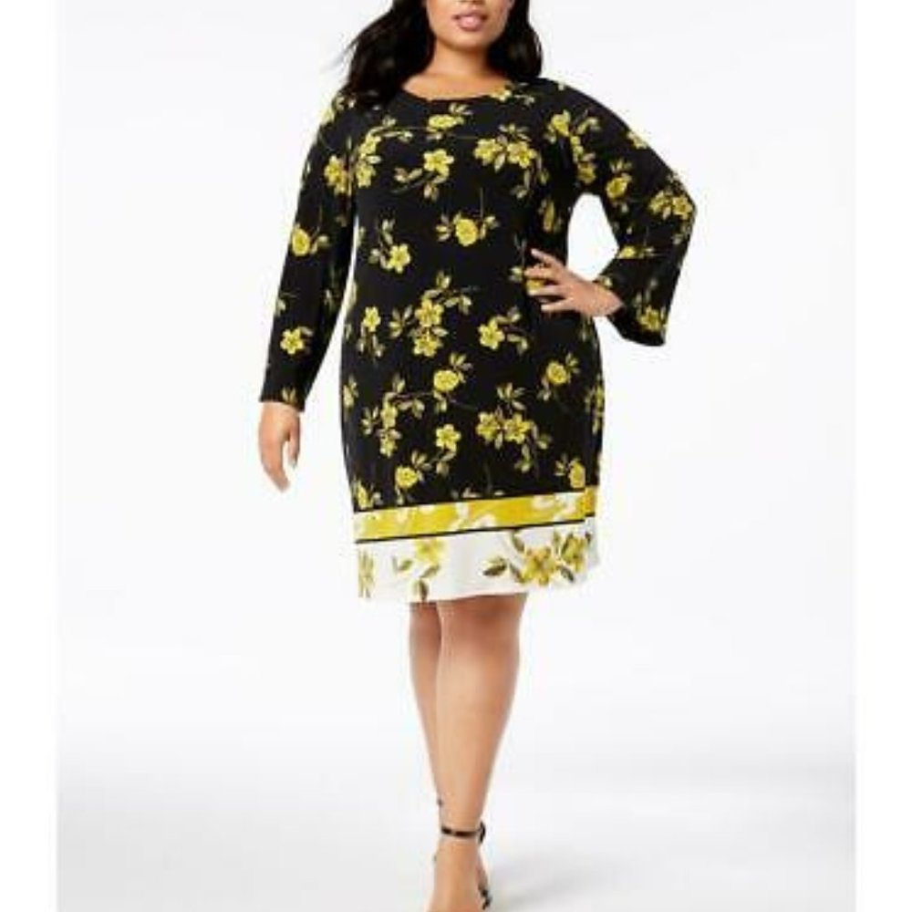 Alfani size 22w stretchy unlined long sleeve GOLDEN ECLECTIC flower dress